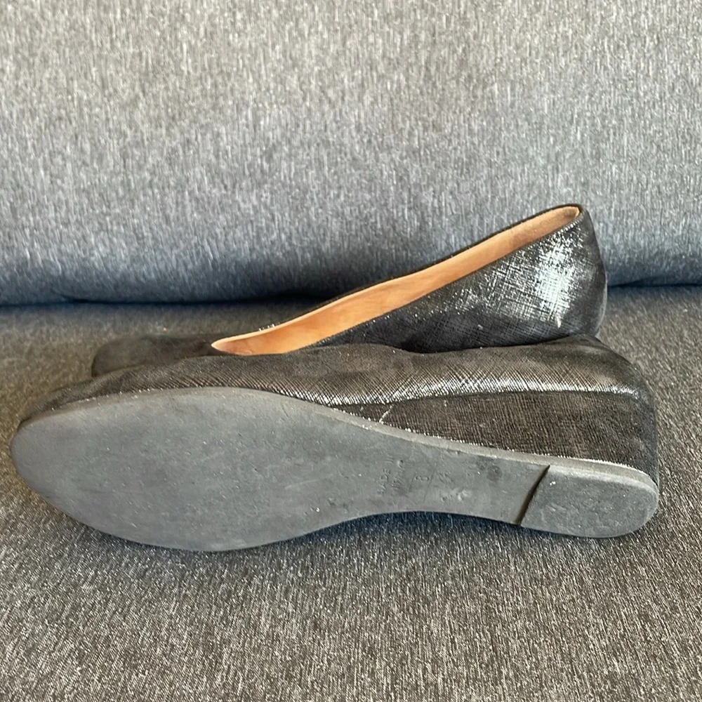 French Sole Black Shimmer Wedge Pumps